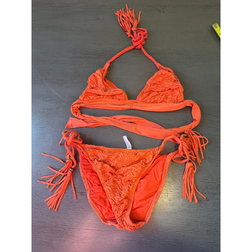 Nanette Lepore Coral Orange Crinkle Tassel Bikini Set XS Triangle Top Side Tie